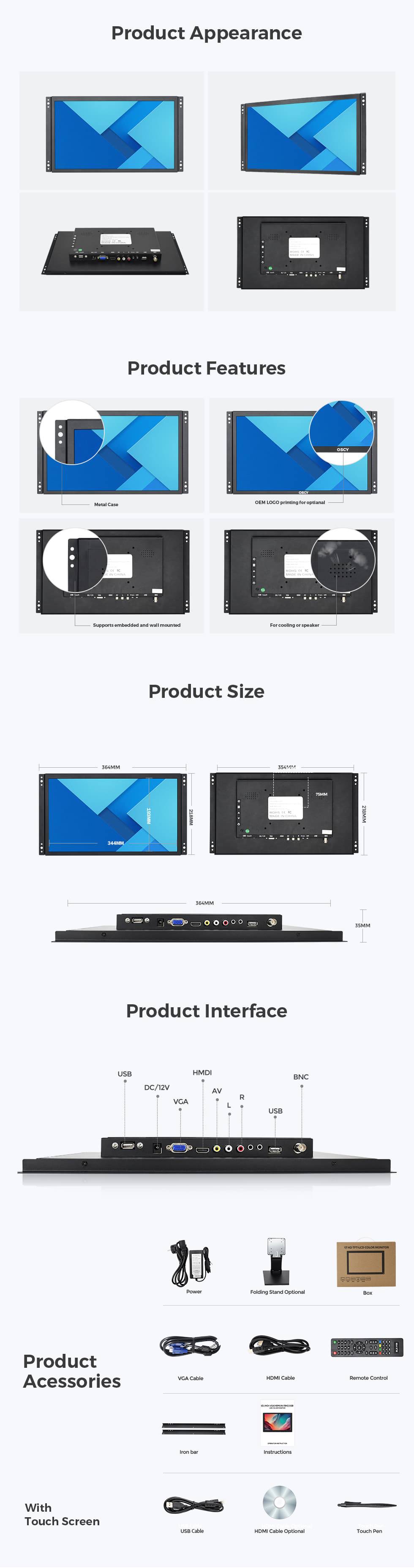 frame 1920*1080 touch screen lcd kiosk monitor