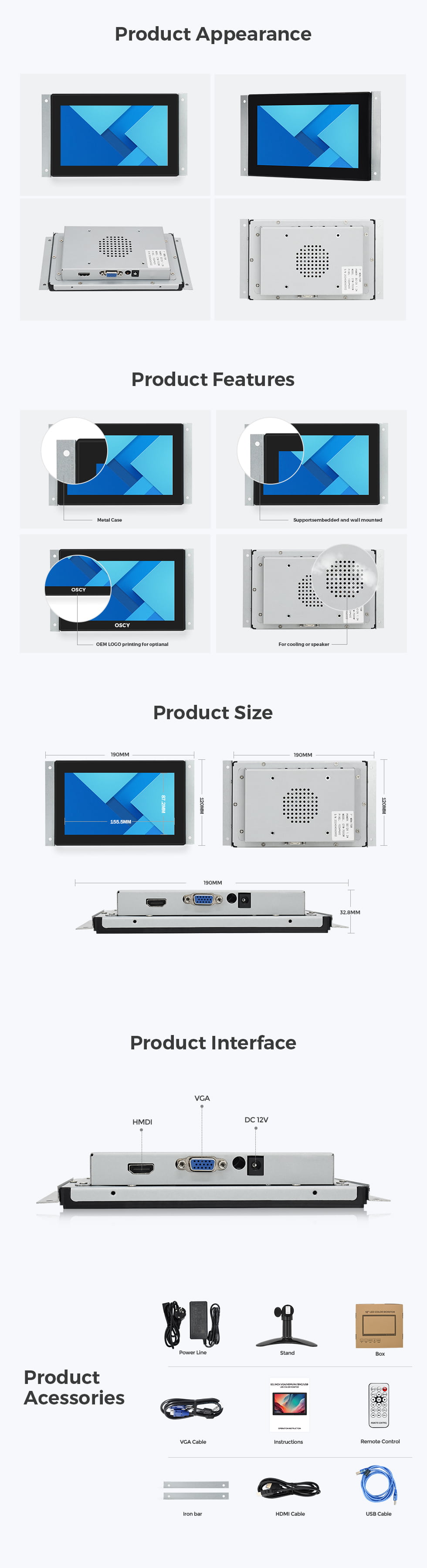 7inch open frame 1024*600 touch screen lcd monitor